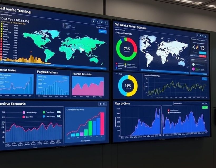 Monitoring centre showing the status of a terminal fleet